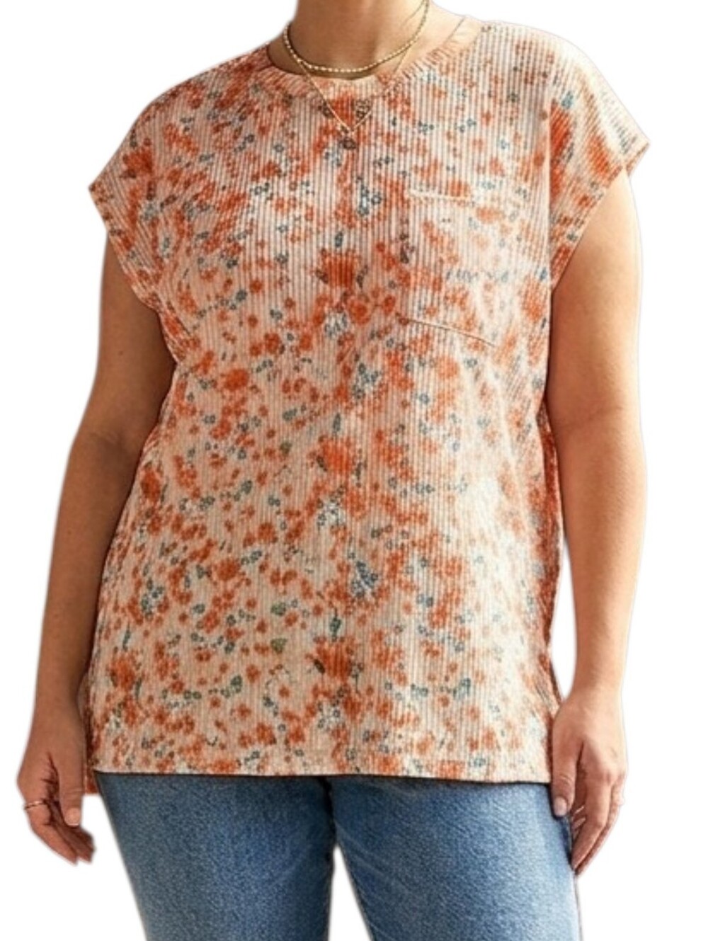 Floral Summer Blouse, Ribbed Knit, Extended Shoulder Short Sleeve, Top Pocket XL